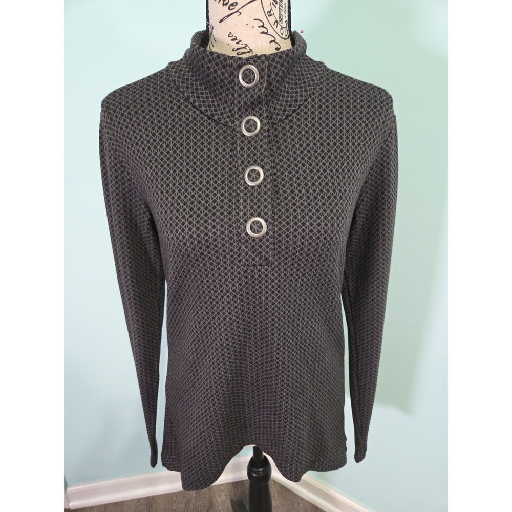 Merrell Indira Snap Placket Shirt Long Sleeve Grey/Black Mock Neck Top medium